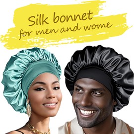 Silk Bonnet for Sleeping Women Curly Hair Bonnets with Tie Band Double Layer Reversible Sleep Bonnet Silk Hair Wrap Sleep Cap (Black)