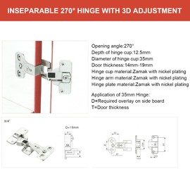 270 Degrees Hinge, 270 Degrees Folding Hinge, Zinc Alloy Furniture Cabinets for Door(Removable)