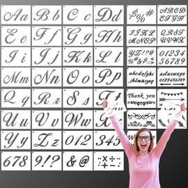 Fitulimo 45 Pieces 175 Designs Letter Stencils for Painting on Wood, 4in Art Craft Stencil, Plastic Alphabet Stencils for Crafts Reusable with Calligraphy for DIY (with Metal Ring)