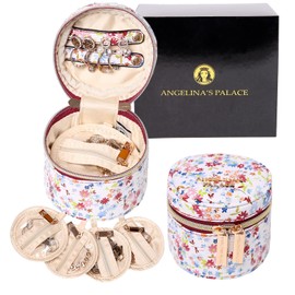 Angelina's Palace Round Jewelry Organizer Case Travel Bag Bridesmaid Gifts Vegan Leather Box for Necklace Earring Bracelet Ring(blossom wine)