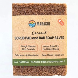 Marasol Soap Saver and Scrub Pad (4) | Plastic Free - Zero Waste | Coconut Fiber - Compostable | Bar Soap Saver - Keeps It Dry | Tough Non-Scratch Scour Pad | 4-Pack