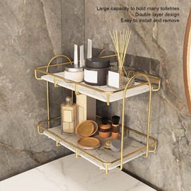 Headerbs Cosmetic Storage Shelf, 2 Tier Bathroom Countertop Rack, Large Capacity Waterproof Gold Metal Storage Shelf Rack for Bathroom Kitchen Bedroom