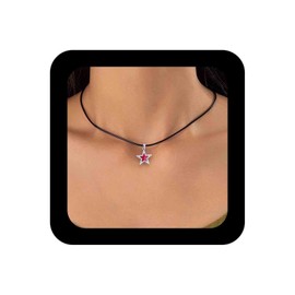 Enautoabs Gothic Star Choker Necklace Leather Star Pendant Necklace Red Crystal Star Necklace Black Leather Cord Choker Necklace Leather Short Necklace Jewelry for Women