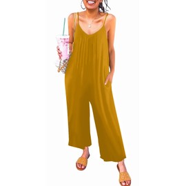 snugwind Womens Summer Casual Sleeveless Jumpsuit Loose Adjustable Spaghetti Strap Jumpsuits with Pockets 2025 Clothes Large Golden Yellow