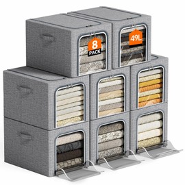 8 Pack Clothes Storage Bins with Metal Frame Foldable Clothing Storage Bins with Lids 49L Stackable Storage Box for Closet Fabric Organizer with Clear Window for Sweaters T-Shirts Bedding,Light Grey