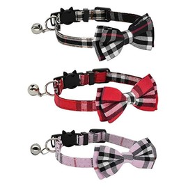 THAIN Cat Collar with Bell, Cat Collar, Safety Buckle, Adjustable Size, Cat Collar, Tin, Ribbon, Cute, Stylish, Modern, 3-Piece Set (Red + Black + Pink)