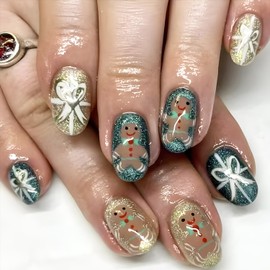 24Pcs Christmas Press on Nails Short Almond Fake Nails with Glitter Designs Xmas Gingerbread Man Bow False Nails Full Cover Acrylic Nails Glue on Nails Reusable Holiday Artificial Nails for Women Girl