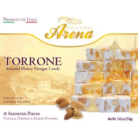 Dolciaria Arena Assorted Italian Torrone – 18 Almond Honey Nougat Pieces – Vanilla, Lemon & Orange Flavors – Less Than 60 Calories Each – Made in Italy – 7.62 oz Box