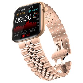 Compatible with EarlySincere Smartwatch Bands,Lamshaw 22mm Solid Stainless Steel Heavy Band with Butterfly Folding Clasp Link Bracelet Compatible With Early Sincere T12/T13/T21/T22/ Smartwatch (Rose Gold)
