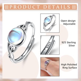 Adramata Ring 925 Silver Women's Moonstone Ring 18 Carat Gold-Plated Open Rings Women Adjustable Finger Ring Shiny Thumb Ring Oval / Round / Heart Ring Silver Ring for Women, White gold, silver,