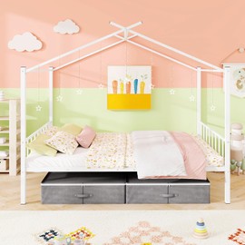 Giantex Full Size House Bed with 2 Storage Drawers, Metal Montessori Bed Frame with Headboard & Footboard, Full House Beds for Kids Girls Boys, No Box Spring Needed, Noise Free (White)