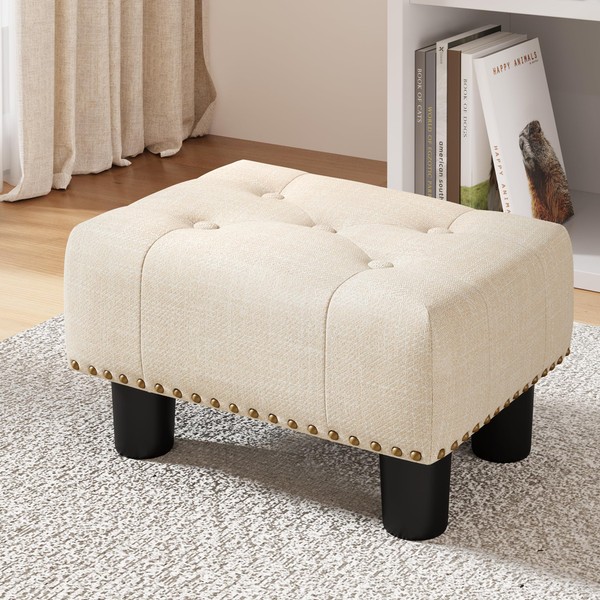 LUE BONA Small Tufted Foot Stool, Beige Linen Rivet Tufted