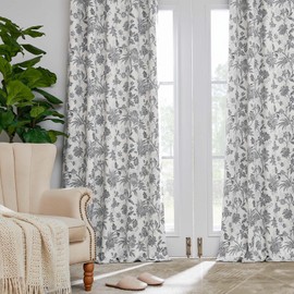 Vangao 100% Blackout Curtains for Bedroom 96 Inches Long, Floral Curtains for Living Room Printed Flower Blackout Drapes Rod Pocket Thermal Farmhouse Drapes Window Treatments, 2 Panels Grey and White