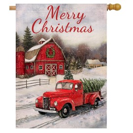 Selmad Merry Christmas 28 x 40 House Flag Red Truck Double Sided, Winter Farmhouse Rustic Quote Burlap Garden Yard Xmas Pickup Décor, Outside Holiday Snow Farm Seasonal Decorative Outdoor Large Flag