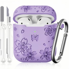 DXITROMI Compatible with Airpod Case - Butterfly Flowers Engraved Design for Airpods Case 2nd/1st Generation - Silicone Case for Airpods 2nd Generation Case with Cleaner Kit & Keychain (Purple)