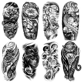 Oottati 8 Sheets Temporary Tattoos Fake Tattoo Arm, Waterproof Large Black Rose Eye Lion Compass Moon Clock Tree Dragon Skull Owl Flower Leopard