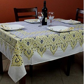 India Arts French Country Geometric Floral Print Tablecloth Square Cotton Table Linen Beach Sheet Beach Throw (Yellow Blue, Tablecloth 72 x 72 inches)