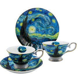AOTELIDA Floral Tea Cups Saucers Set of 2, Bone China 7 oz British Teacups Porcelain Van Gogh Coffee Cup for Rose Tea Cappuccino Espresso Latte (Starry Sky & Starry Sky)