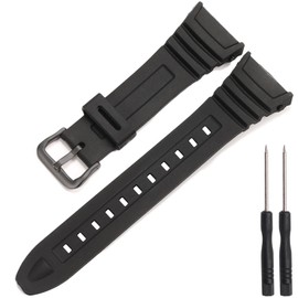 W96H Replacement Watch Band Compatible with Casio Men's W-96H W96H-1BV Sport Strap Metal buckle Black Resin Wirstband (Black metal buckle)