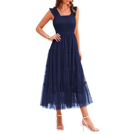 PRETTYGARDEN Women's Summer Midi Tulle Dress Sleeveless Smocked Square Neck Ruffle Flowy Party Wedding Guest Sundress (Navy,Medium)