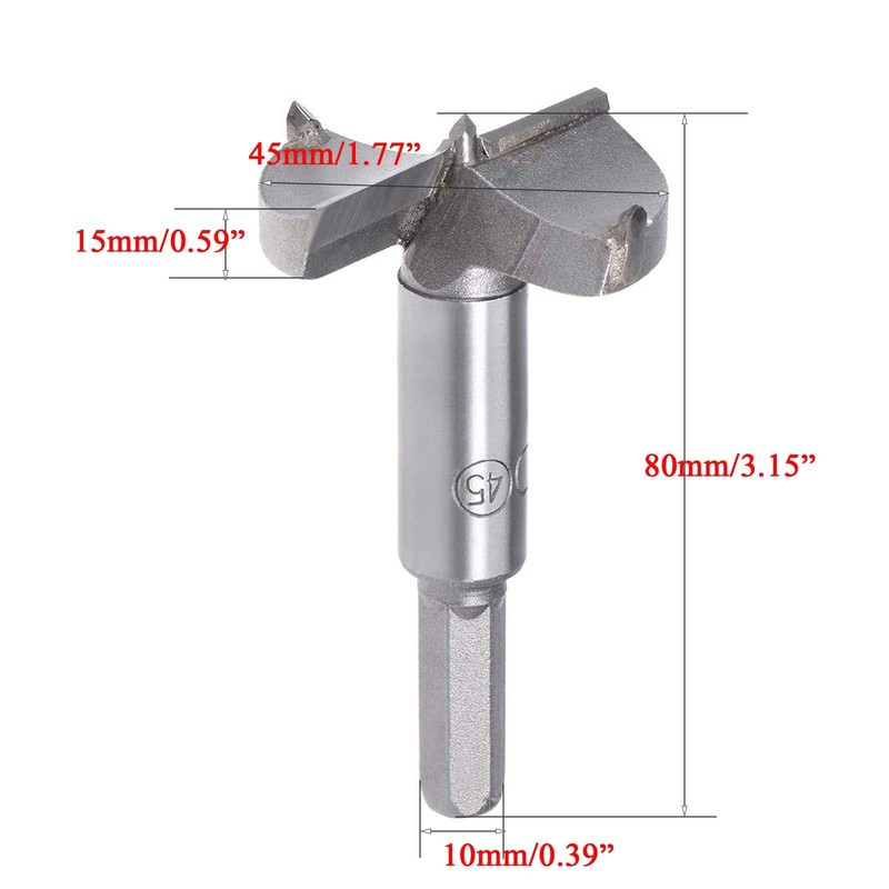 TOP-VIGOR 45mm Forstner Drill Bit, Tungsten Carbide Wood Auger Drill