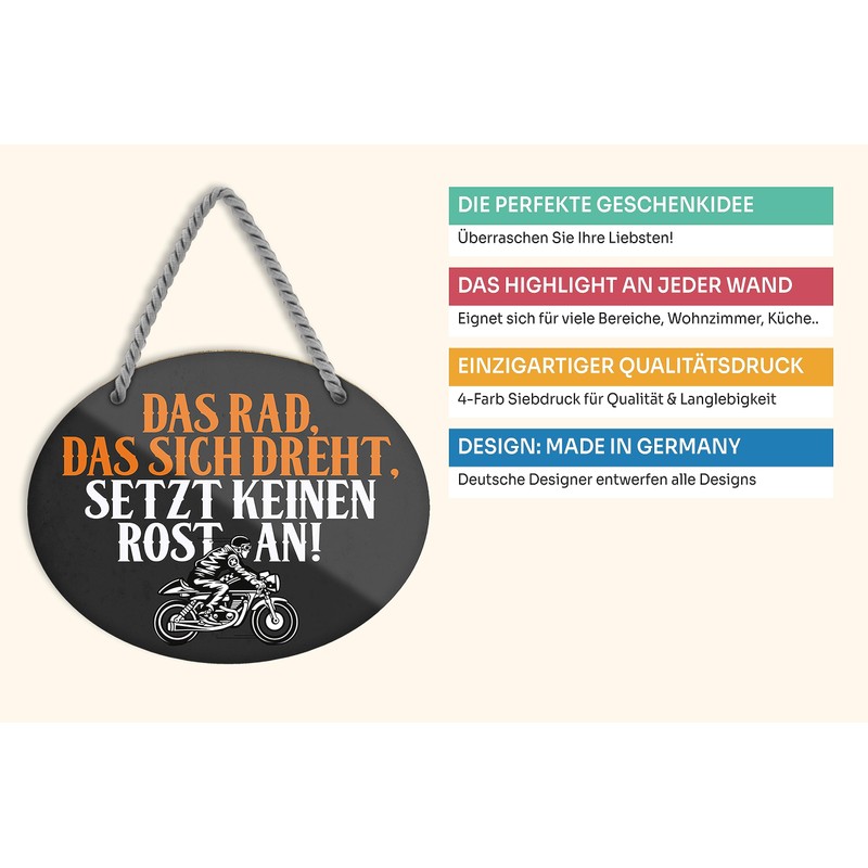 schilderkreis24 Tin Sign Funny Motorcycle Saying "Das Rad, das sich