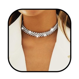 JEAIRTS Rhinestone Choker Necklace Multi-Row Crystal Chokers Sparkly Rhinestone Neck Chain Party Prom Necklaces Jewelry for Women (1-Silver)