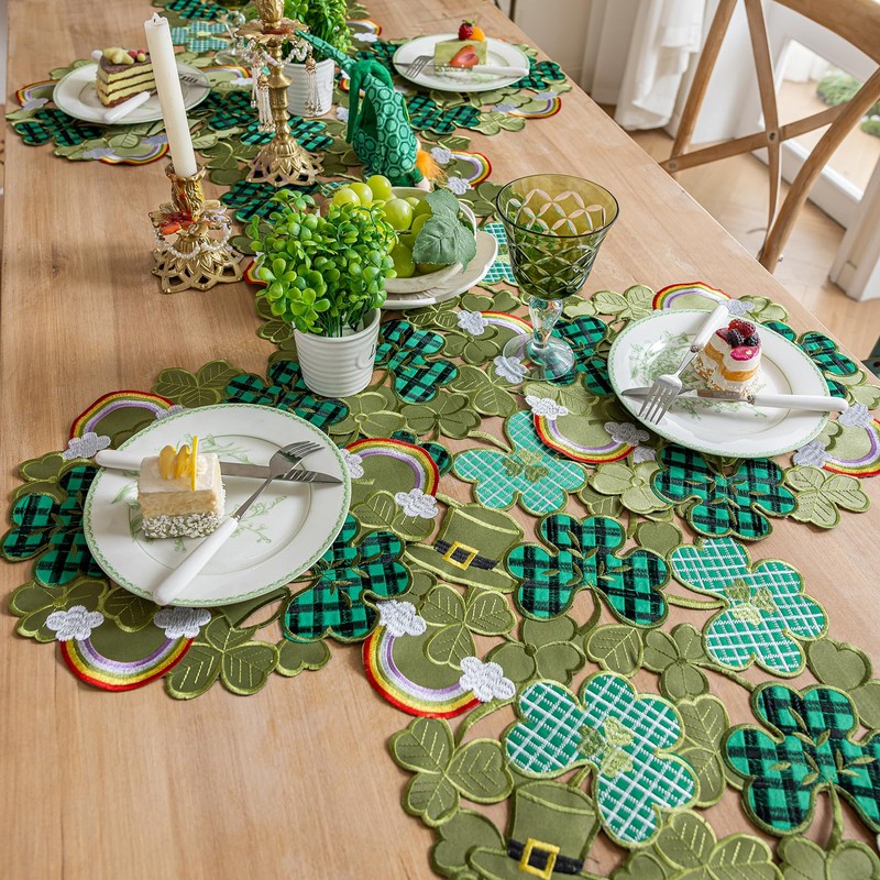 St. Patrick’s Day Table Runner, Embroidered Irish Clover Rainbow Table