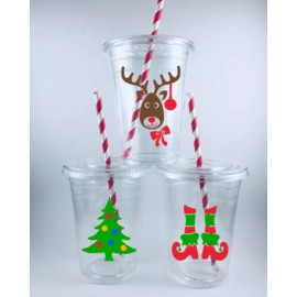Party Christmas Party Cups Set/12 With Lids Straws Disposable Reindeer Tree Elf