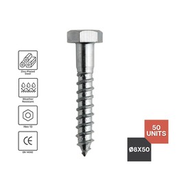 DOJA Barcelona Hexagon Wood Screws Assorted Screws Pack 50-8 x 50 mm Hexagonal Screw Key Screws Galvanised Steel Pull Screws Construction Woodworking Interior Design