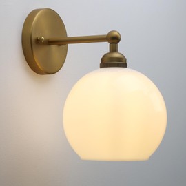 Yosoan Brass Boho Vanity Gold Bathroom Wall Sconce, 1-Light Indoor Hardwired Wall Mounted Vintage Industrial Fixture Lights with White Double Hole Round Glass Lamp for Mirror, Living Room(Antique)