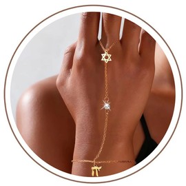 Pregeckit Vintage Hand Chain Bracelets for Women Star of David and Chai Hebrew Bracelets Stainless Steel Cubic Zirconia Link Chain Bracelets Jewish Religious Jewelry (gold)