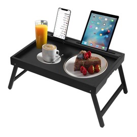 Artmeer Bamboo Bed Tray Table with Folding Legs, Phone/Tablet Holder, Foldable Breakfast Table, Laptop Desk (Black, Medium)