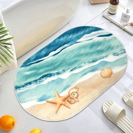 Beach Bathroom Rugs, Starfish Seashell Beach Rug, 21x31 in, Soft and Absorbent Bath Mat, Non-Slip Backing, Summer Oval Mat Floor Rug for Bathroom, Kitchen, Entryway Decor