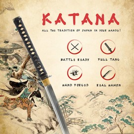 Handmade Sword - Samurai Functional Sharp Katana Sword, 1045 Carbon Steel Heat Tempered, Full Tang, Warrior and Temple Tsuba Black Scabbard