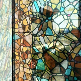 funlife Original Hand-Drawn Faux Stained Glass Window Film, Double-Sided Static Cling Window Cling Suitable for Entryway, Reusable Non-Adhesive Glass Decor, Yellowish-Brown, 16.93"x118"