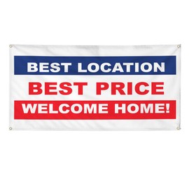 Vinyl Banner Multiple Sizes Best Location Price Welcome Home! Red White Business Outdoor Weatherproof Industrial Yard Signs 10 Grommets 60x144Inches