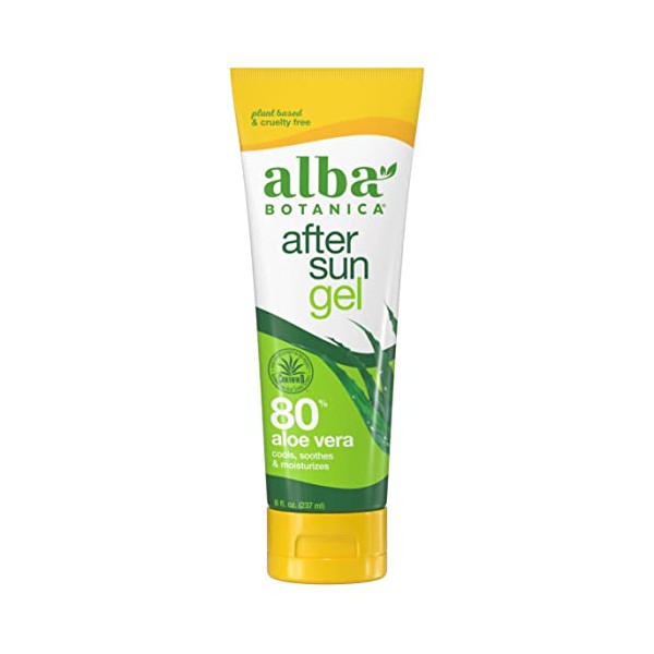 Alba Botanica Aloe Vera Gel for Skin, Cooling After Sun Treatment for Face and Body, Made with Purity Certified 80% Aloe Vera Gel Formula, 8 fl. oz. Tube