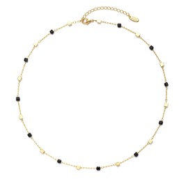 JURYLOO Beaded Choker Necklaces, Handmade Healing Crystal Stone Choker Colorful Bohemian Gemstone Necklaces Gold Summer Beach Choker Necklaces for Women CK-Black-gold-beads