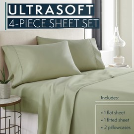 HC COLLECTION Queen Bed Sheets Set - Hotel Luxury, Lightweight, Soft Cooling Bedding & Pillowcase Set w/ 16" Deep Pockets - Wrinkle & Shrink Resistant - Sage, Eco-Friendly Queen Size 4 pc Sheet Set