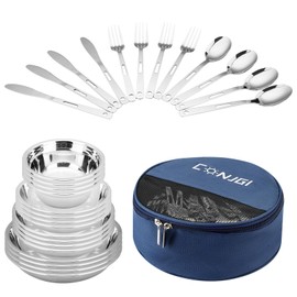 Camping Mess Kits - 28pcs Camping Dinnerware Set Camping Gifts Camping cookware Sets Camping Accessories Camping Cooking Utensils Set Bowls, Plates, Knives, Forks, Spoons (Blue)
