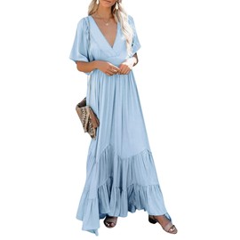 CHARTOU Women's Boho Ruffle Sleeve Flowy Maxi Dress Lace Up Back Tiered Party A Line Dress (X-Large,Light Blue)