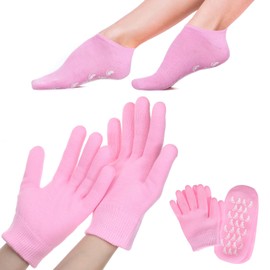 Moisturizing Gloves and Socks Set 4 Pcs Gel Spa Therapy Gloves and Socks for Repairing Dry Cracked Hands Feet Skin Care Gel Lining Infused with Essential Oils and Vitamins, Pink