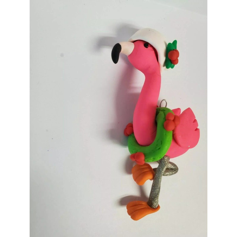 Celtic Forest Clay FLAMINGO Christmas Ornament WEARING SANTA HAT &