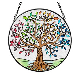 Tree of Life Stained Glass Wall Hanging Ornament, Suncatcher Four Seasons Theme, Colorful Leaves Window Hand-Painted Glass Panel Decor Gift for Women Christmas Thanksgiving Gift 6.3’’*6.3’’