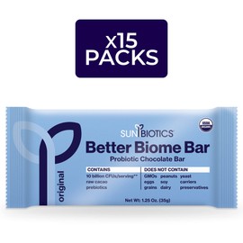 Sunbiotics Better Biom Chocolate Bar with Probiotics, 10 billion CFUs per Serving, Daily Probiotic Supplement,Raw, Organic Cacao, Non-GMO and Gluten Free, Pack of 15