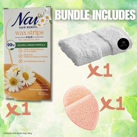 Nair Facial Wax Strips Bundle with Exfoliator Puff & BVO Luxe Reusable Face Cloth | Sensitive Skin Hair Removal Kit for Women | Upper Lip, Chin, Cheeks & Eyebrow Waxing Strips