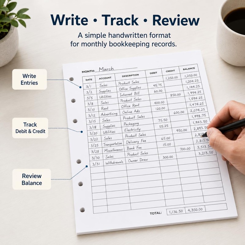 Accounting Ledger Sheets, A5 6-Hole Ledger Paper Refill, 50 Count
