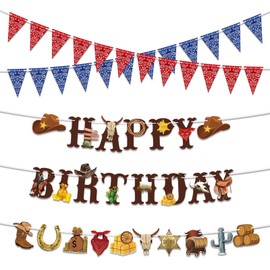 BTJiaDe 5 Pcs Happy Birthday Banner Western Party Decorations Hijab Triangle Banner Cowboy Hat Horse Wreath Western Birthday Party Supplies