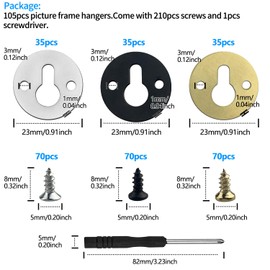 105 Pcs Metal Round Type Keyhole Iron Keyhole Hangers with 1 Screwdriver 210 Screws - Picture Frame Hanging Plate Fasteners for Artworks and Wall Decorations